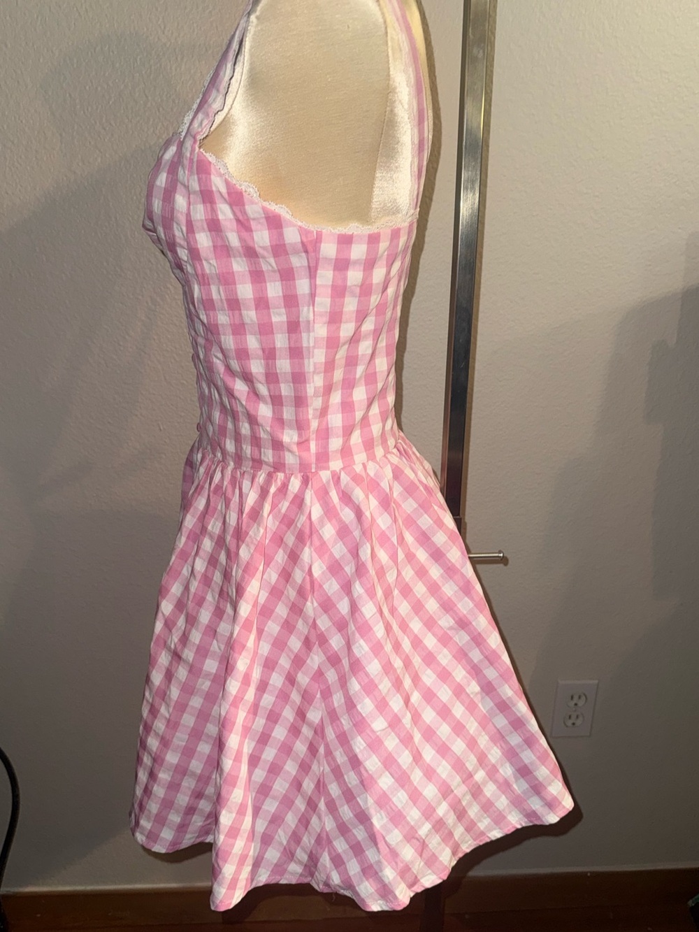 NWOT Unique Vintage Pink Gingham Lace Trim Mini Dress Size XL - Picture 11 of 16